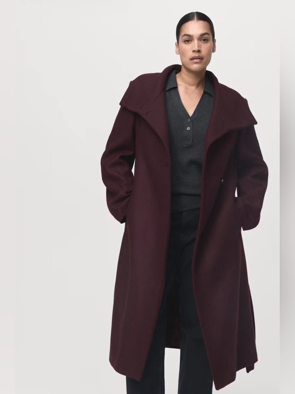 Mango Long Manteco Wool Pea Coat in Burgundy With Belt